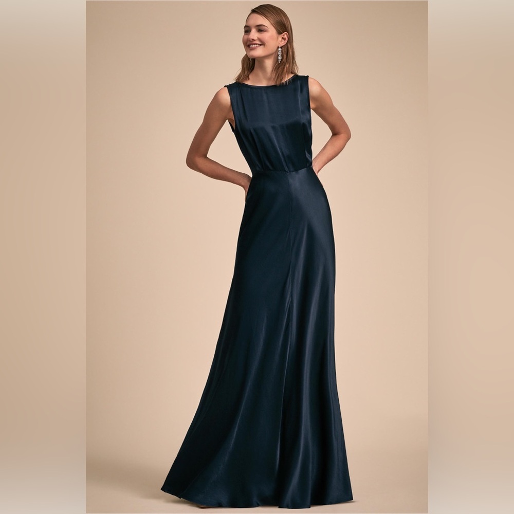 NWT BHLDN Ghost London Alexia Satin Backless Maxi Gown Navy XS